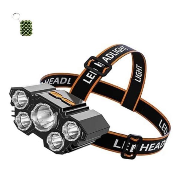 Rechargeable High‑Lumen 5 LED Headlamp with Keyholder – USB Powered, Adjustable Beam, Waterproof