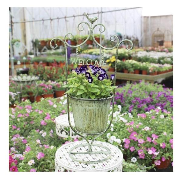 Vintage Metal “Welcome” Plant Stand – 55 cm Tall Basket Pot Holder for Garden & Porch