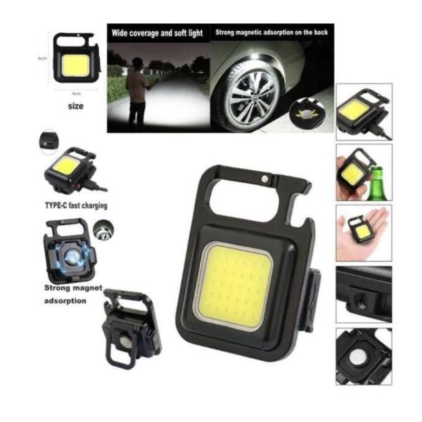 USB‑C Rechargeable COB LED Keychain Light – Compact Camping Worklight with Folding Stand, Magnet & Bottle Opener