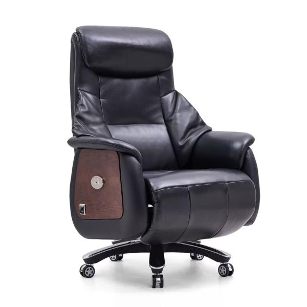 Kian Genuine Leather Executive Office Chair with Electric Tilt Mechanism, Ergonomic High-Back Support & Heavy-Duty Metal Frame - Black