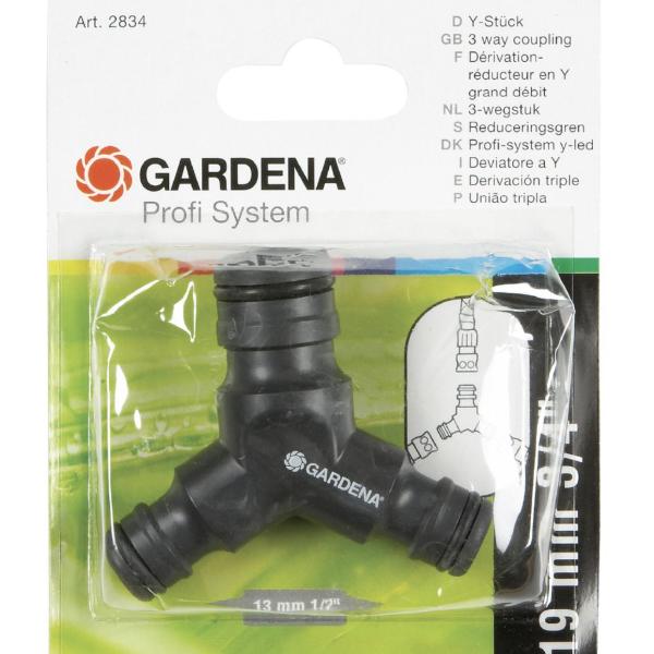 Gardena Profi System Y‑Reducer Coupling – Maxi‑Flow Profi to Original, 3/4″ Inlet to Dual 1/2″ Outlets