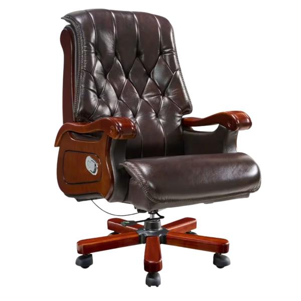 Leroy Genuine Leather Executive Office Chair with Premium Wooden Finish Armrests, Adjustable Tilt & Heavy-Duty Nylon Base - Brown