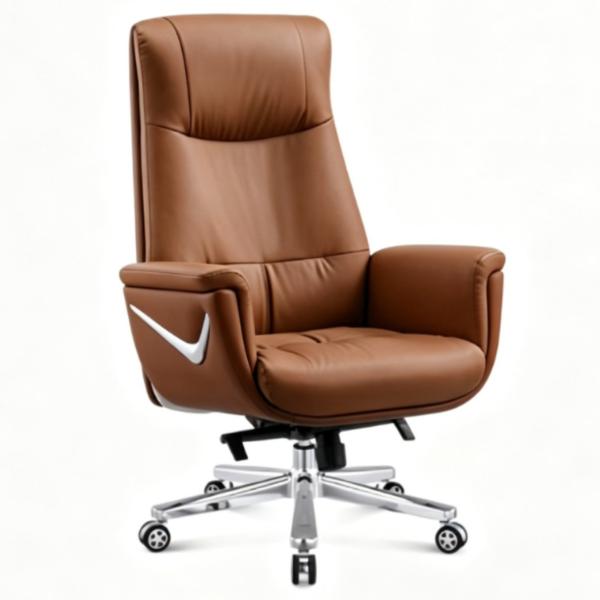 Larole Executive Office Chair with Premium PU Leather, Polished Aluminium Base, Knee Tilt Recline & Ergonomic Adjustable Seating - Brown