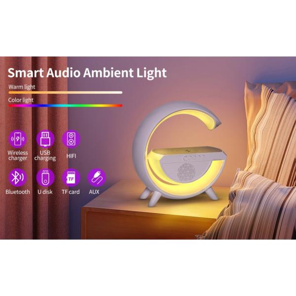 3-in-1 LED Table Lamp with 10W Wireless Charger, Bluetooth Speaker, RGB Night Light & 1200mAh Rechargeable Battery – White