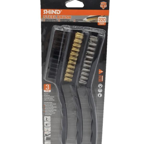 Steel Brush Set 3‑Pack (220 mm) – Stainless Steel, Brass & Nylon Wire Brushes with Ergonomic Handle