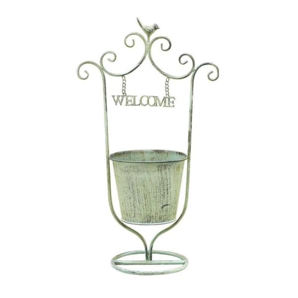 Vintage Metal “Welcome” Plant Stand – 55 cm Tall Basket Pot Holder for Garden & Porch