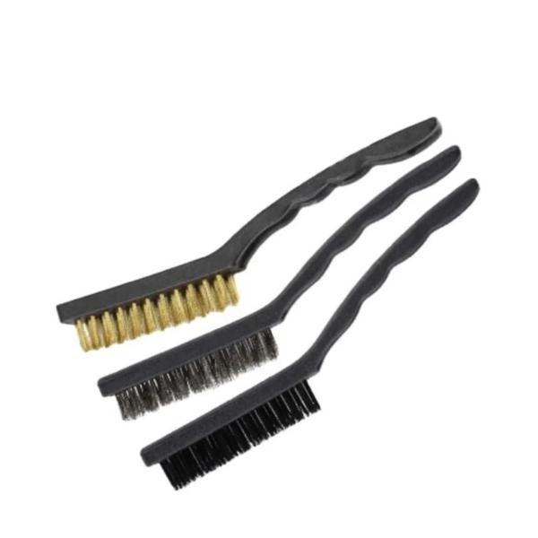 3‑Piece Curved Grip Wire Brush Set – Brass, Stainless Steel & Nylon for Rust, Paint & Deep Cleaning