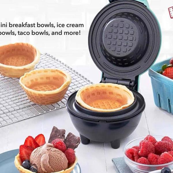 MWBM-01 Mini Waffle Bowl Maker for Dessert and Breakfast Non-Stick Coating Surfaces 350W Rapid Heating Mechanism Aqua Mint Compact