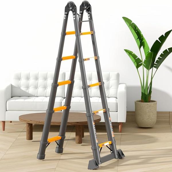 4.0m Multifunctional Telescopic Ladder 2.1m Herringbone A-Frame Step Ladder Heavy Duty Thickened Steel Folding One-Touch Unlocking Black & Orange