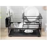 Black Iron Double Layer Dish Rack – Space-Saving Kitchen Organizer with Utensil Holder & Drainage System