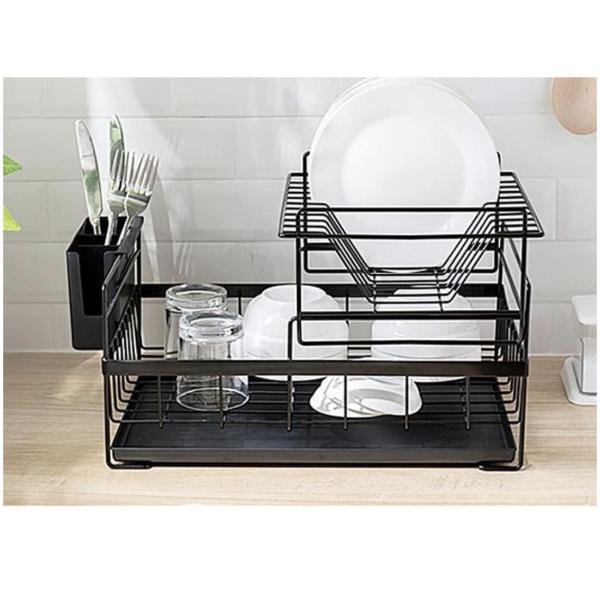Black Iron Double Layer Dish Rack – Space-Saving Kitchen Organizer with Utensil Holder & Drainage System