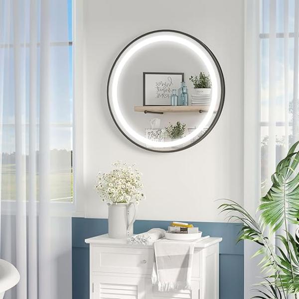 60 Round LED Bathroom Mirror with Black Frame Touch Sensor Control Wall-Mounted Lighted Vanity Mirror Matte Black 60cm