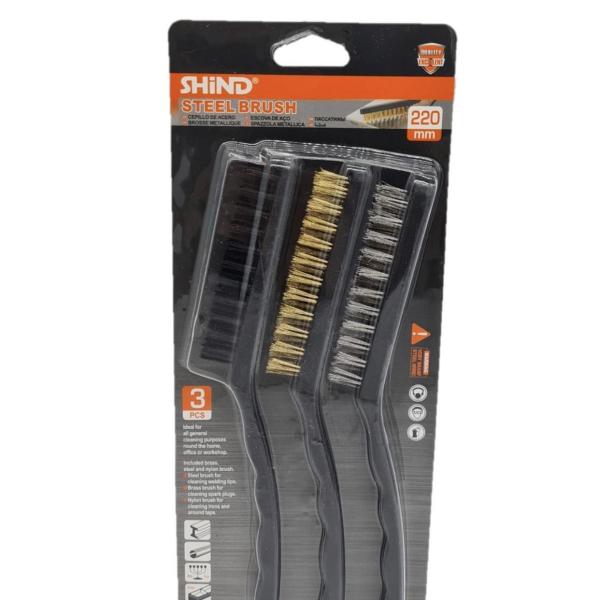 Steel Brush Set 3‑Pack (220 mm) – Stainless Steel, Brass & Nylon Wire Brushes with Ergonomic Handle