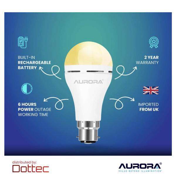 Aurora B22 Rechargeable Emergency LED Bulb Duo – 7 W Backup Light, 6‑Hour Battery Backup (2‑Pack)