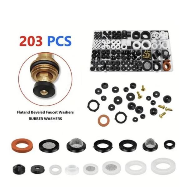 203pcs Plumbing & Faucet Washers Assortment Kit – Rubber O-Rings, Flat Seals & Gaskets for Taps, Pipes, Showers & Garden Fittings