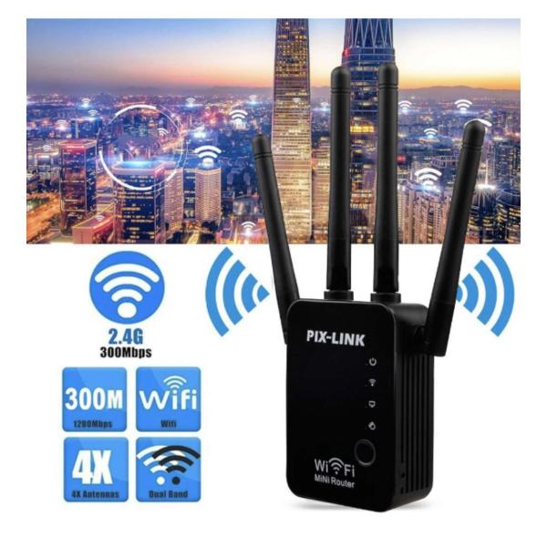 PIX-LINK LV-WR16 300Mbps 2.4GHz Wireless WiFi Repeater & Range Extender – Multi-Mode Signal Booster with 4 Antennas