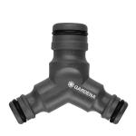Gardena Profi System Y‑Reducer Coupling – Maxi‑Flow Profi to Original, 3/4″ Inlet to Dual 1/2″ Outlets