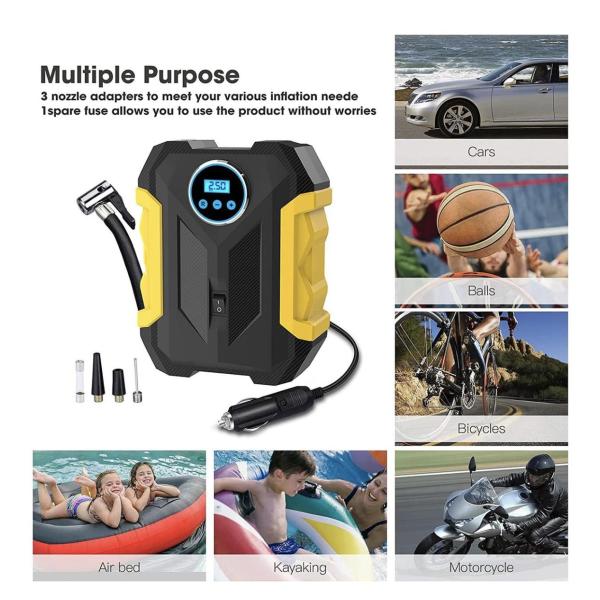 12 V Digital Tire Inflator & LED Light Air Compressor with 2‑Ring Key Holder – Auto Shut‑Off, PSI/BAR Display