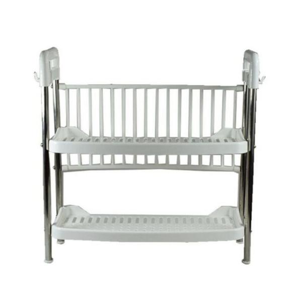 XF0887 Two‑Tier Kitchen Dish Drying Rack with Utensil, Cup & Plate Holders – White Steel & Plastic Organizer