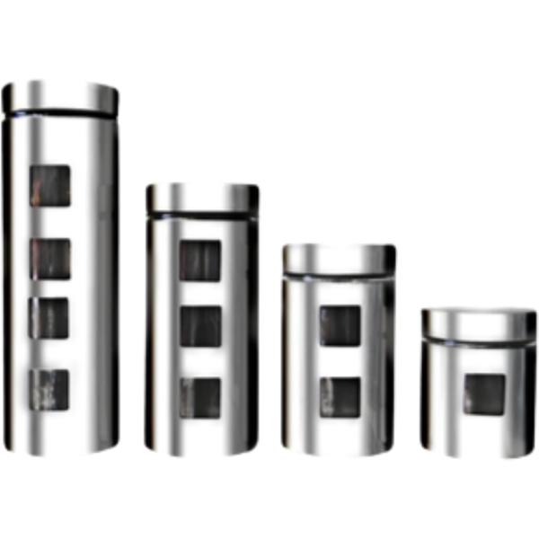 4-Piece Glass Canister Set with Stainless Steel Wrap, Airtight Lids & Square Viewing Window – Silver
