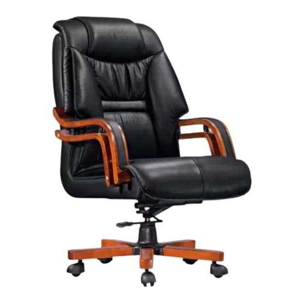 Kotek Executive Office Chair with Solid Mahogany Frame, PU Leather Upholstery, Steel Tilt Mechanism & Wooden Executive Base - Brown