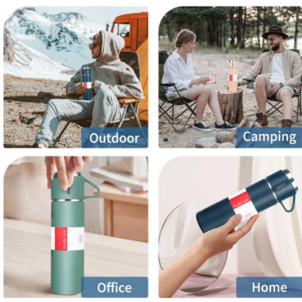 500 mL Grey Stainless Steel Vacuum Flask Set with 2 Insulated Cups – Double-Wall Thermal Bottle Gift Set