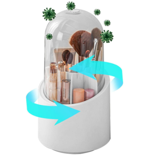 360° Rotating Transparent Cosmetic Brush Storage Bucket – Dust-Proof (White Base)