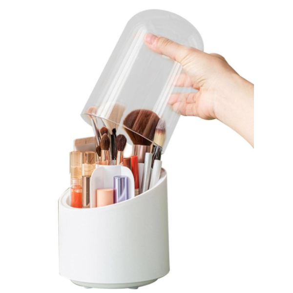 360° Rotating Transparent Cosmetic Brush Storage Bucket – Dust-Proof (White Base)