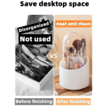 360° Rotating Transparent Cosmetic Brush Storage Bucket – Dust-Proof (White Base)